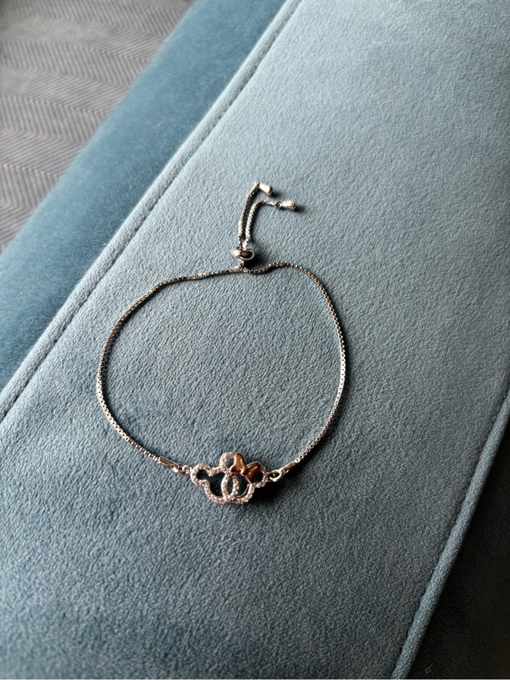Disney Sterling Silver Mickey & Minnie CZ Slider Bracelet with Rose Gold Bow